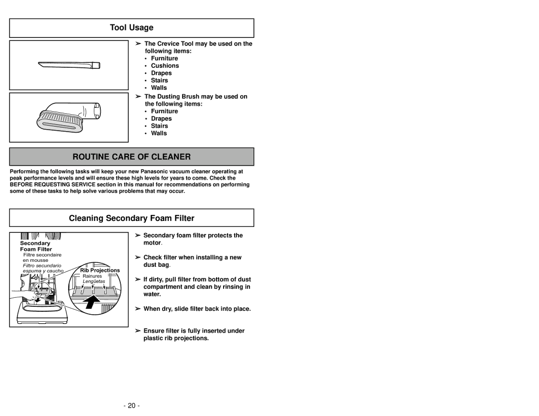 Panasonic MC-V5004 manuel dutilisation Tool Usage, Routine Care of Cleaner, Cleaning Secondary Foam Filter 