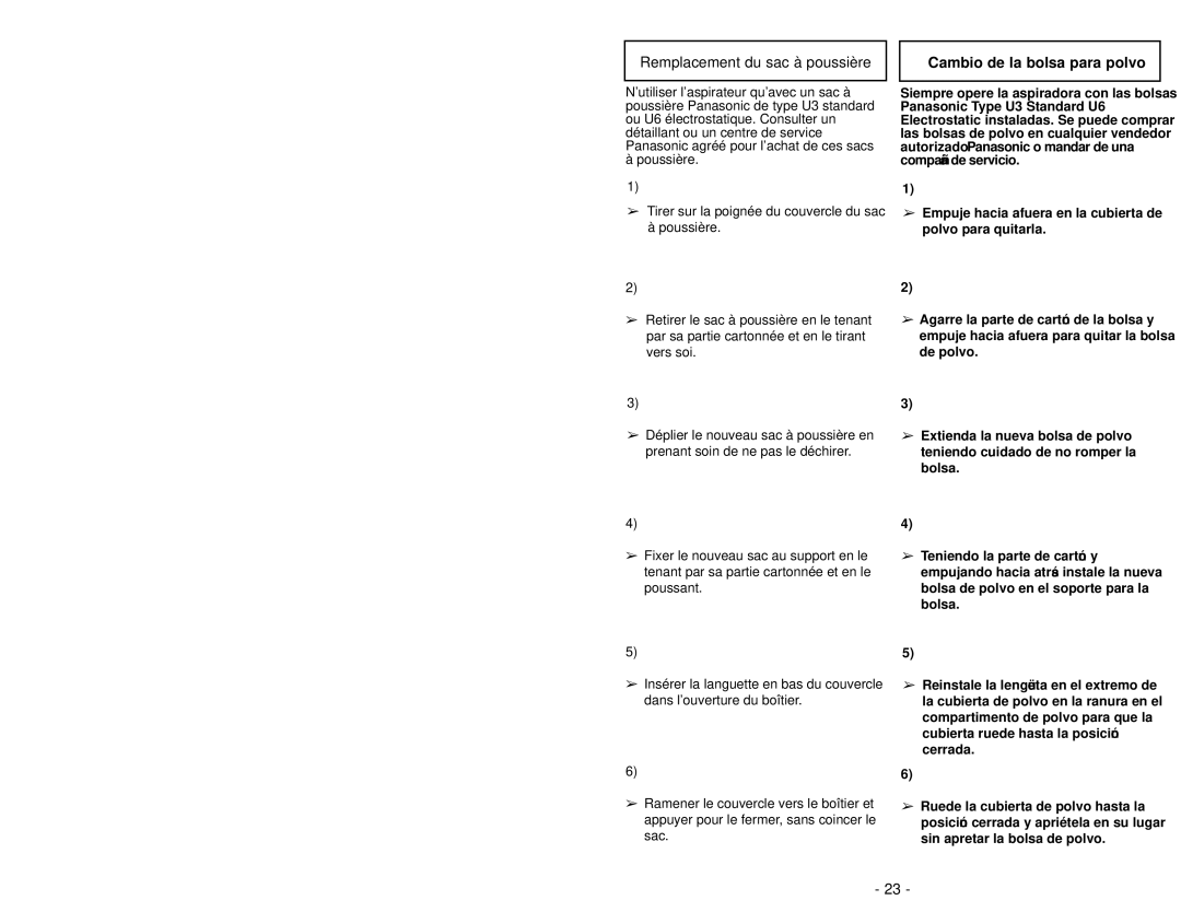 Panasonic MC-V5004 manuel dutilisation Remplacement du sac à poussière, Cambio de la bolsa para polvo 