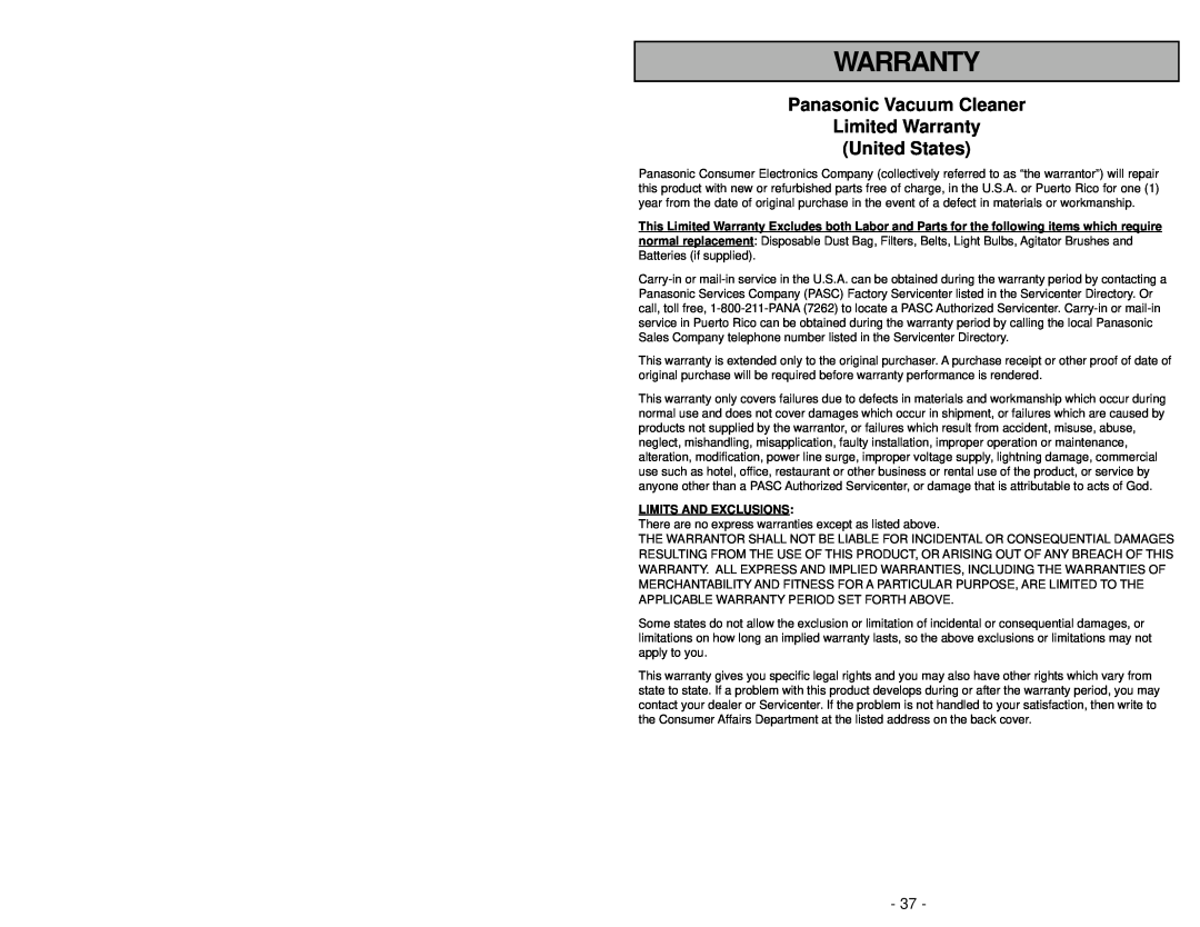 Panasonic MC-V5004 manuel dutilisation Panasonic Vacuum Cleaner Limited Warranty, United States 