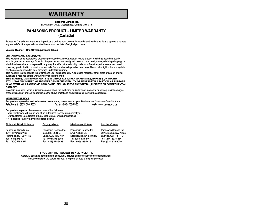 Panasonic MC-V5004 Warranty, PANASONIC PRODUCT - LIMITED WARRANTY Canada, Panasonic Canada Inc, Limitations And Exclusions 