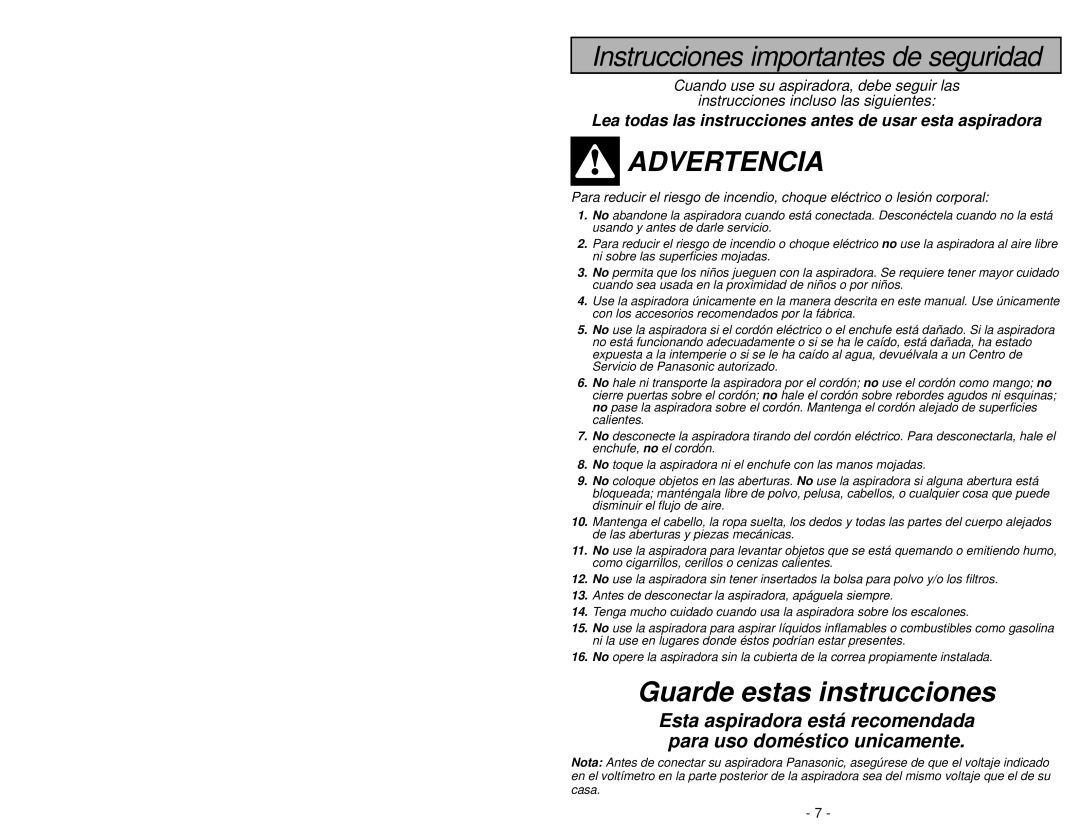 Panasonic MC-V5004 manuel dutilisation Instrucciones importantes de seguridad, Advertencia, Guarde estas instrucciones 