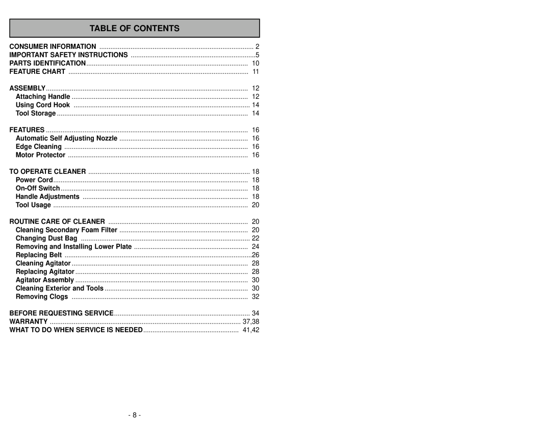 Panasonic MC-V5004 manuel dutilisation Table Of Contents, 37,38, 41,42 