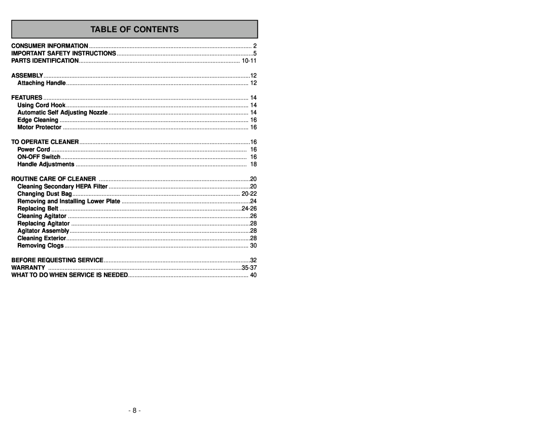 Panasonic MC-V5009 manuel dutilisation Table Of Contents 