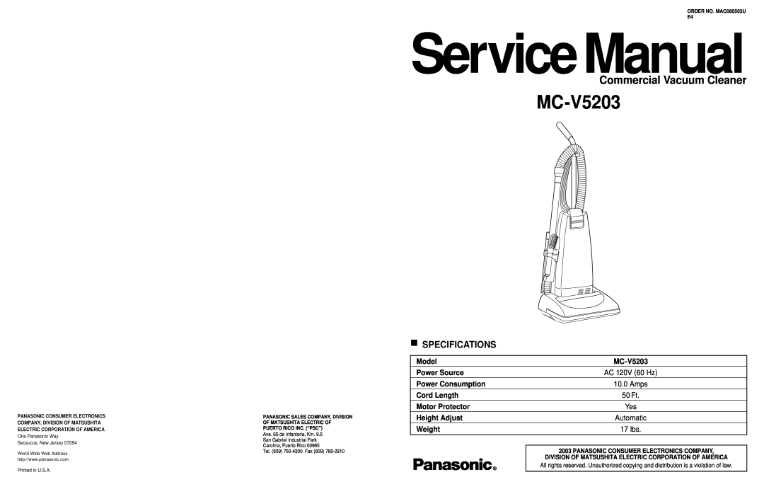 Panasonic MC-V5203 service manual ServiceManual, Commercial Vacuum Cleaner, Specifications 