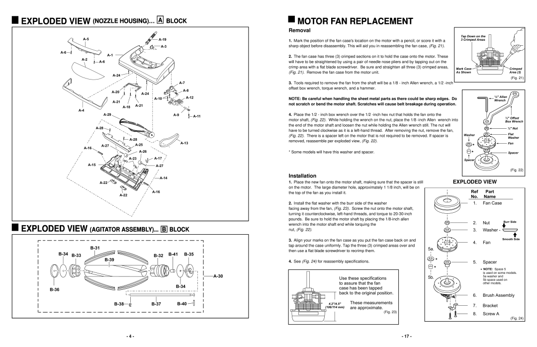 Panasonic MC-V5203 Motor Fan Replacement, Exploded View Nozzle Housing… A Block, Removal, Installation, Ref Part No. Name 