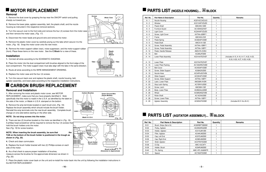 Panasonic MC-V5203 Motor Replacement, Carbon Brush Replacement, Parts List Nozzle Housing… A Block, Removal, Installation 