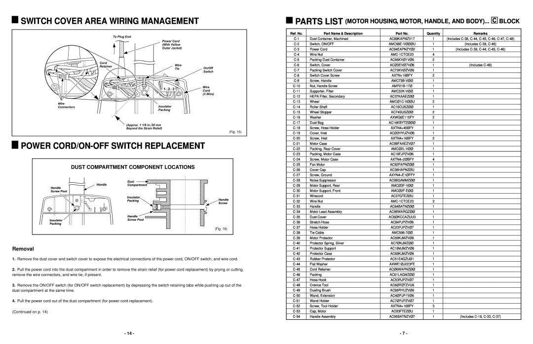 Panasonic MC-V5203 service manual Switch Cover Area Wiring Management, Power Cord/On-Offswitch Replacement, Removal 