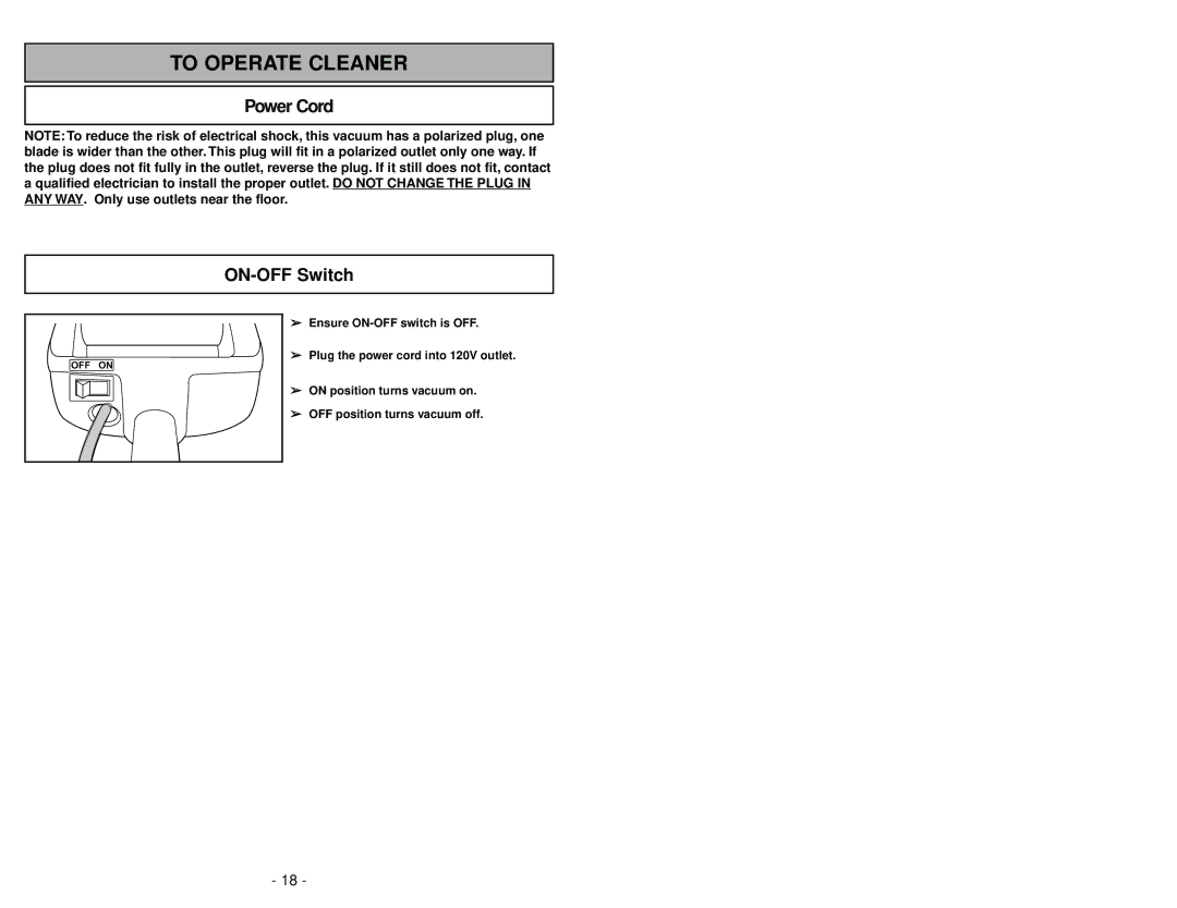 Panasonic MC-V5209 manuel dutilisation To Operate Cleaner, Power Cord ON-OFF Switch 