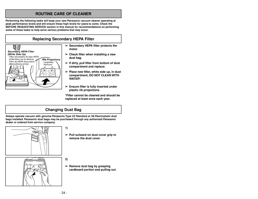 Panasonic MC-V5209 manuel dutilisation Routine Care of Cleaner, Replacing Secondary Hepa Filter, Changing Dust Bag 