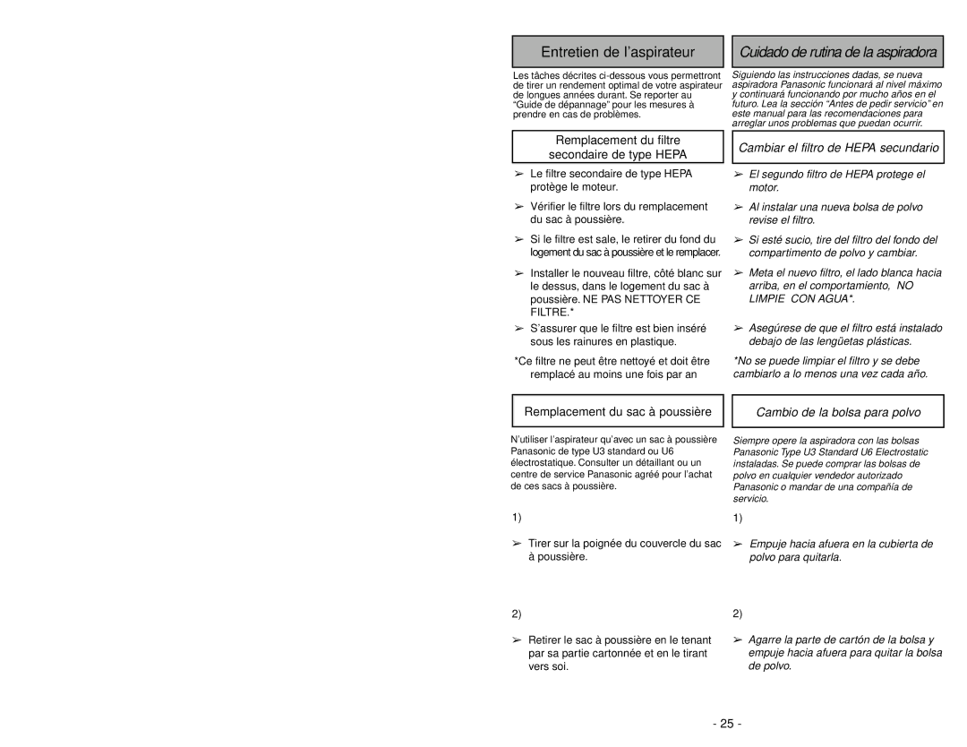 Panasonic MC-V5209 manuel dutilisation Cambiar el filtro de Hepa secundario, Cambio de la bolsa para polvo 