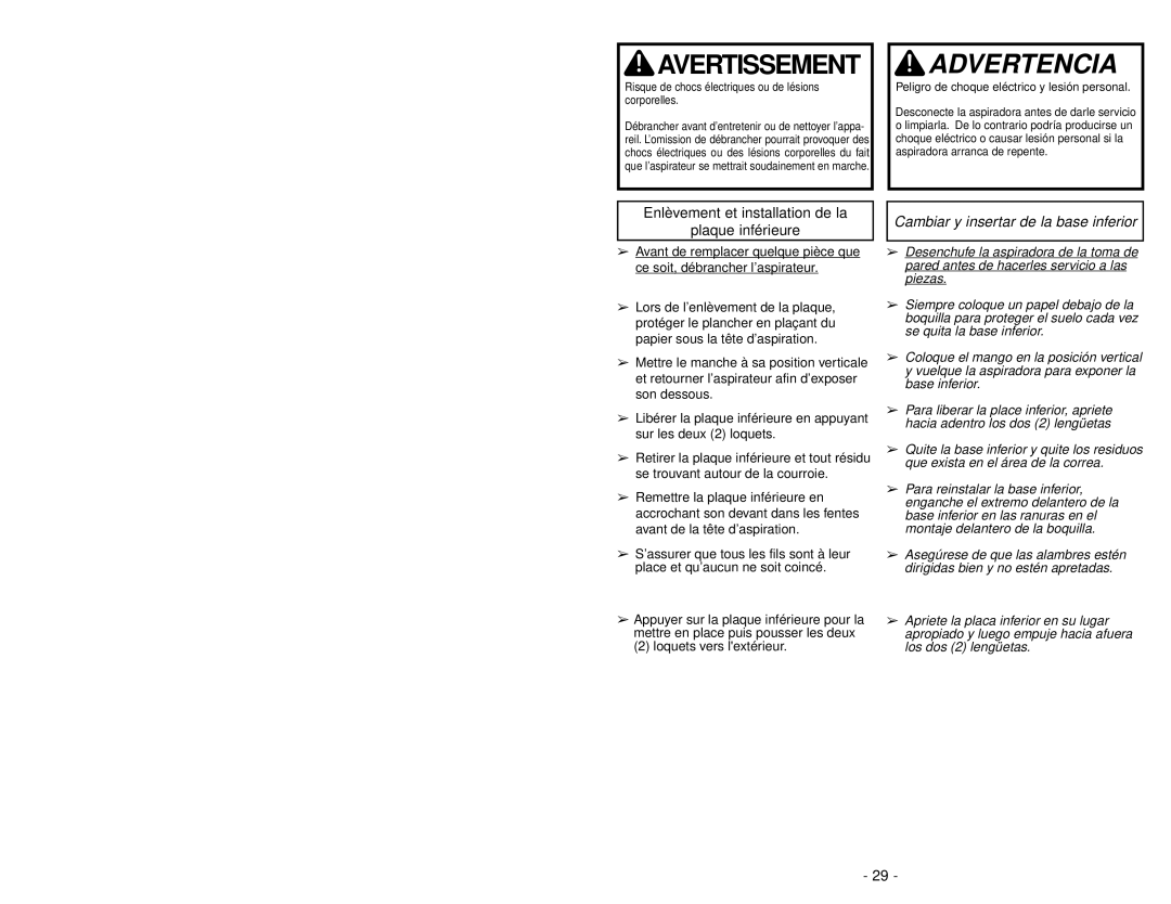 Panasonic MC-V5209 manuel dutilisation Avertissement, Cambiar y insertar de la base inferior 