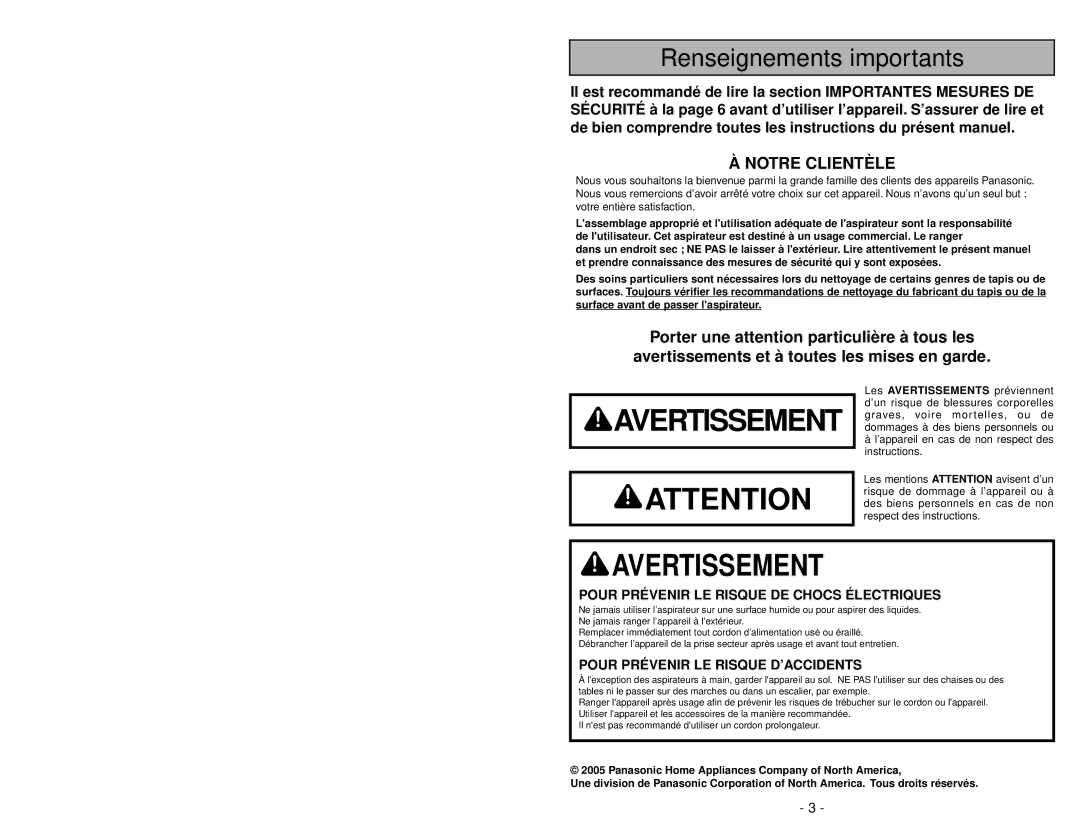 Panasonic MC-V5209 manuel dutilisation Renseignements importants, Notre Clientèle 