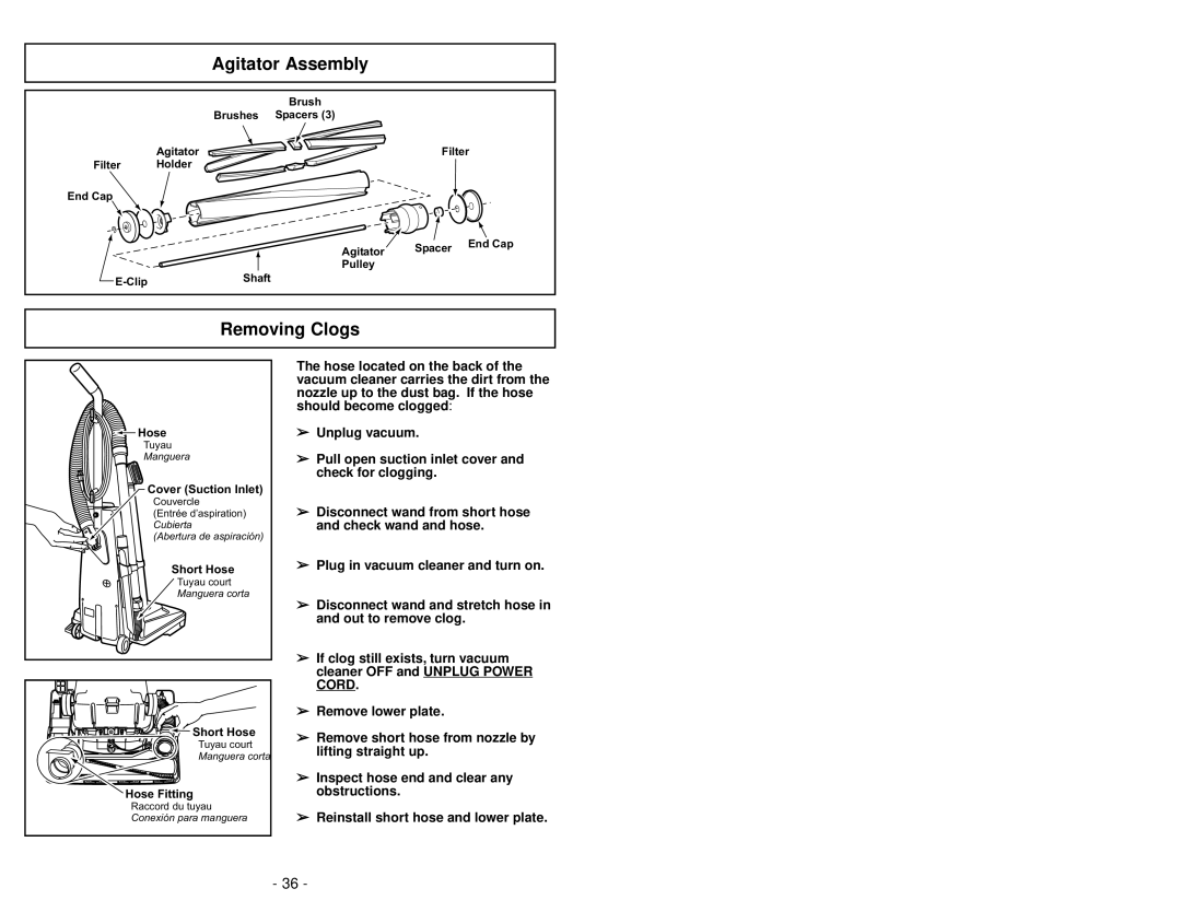 Panasonic MC-V5209 manuel dutilisation Agitator Assembly, Removing Clogs 