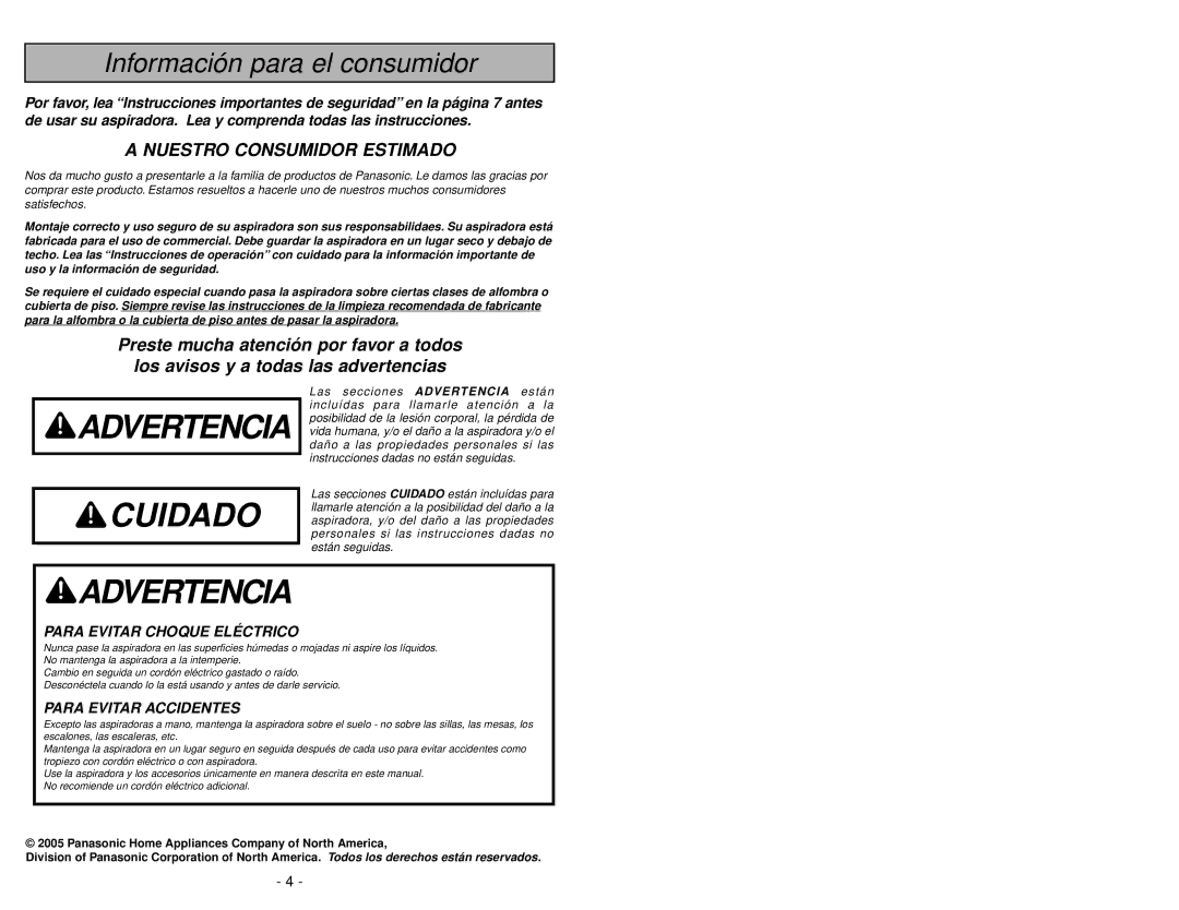 Panasonic MC-V5209 manuel dutilisation Advertencia Cuidado 