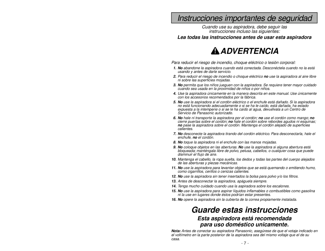 Panasonic MC-V5209 manuel dutilisation Advertencia 