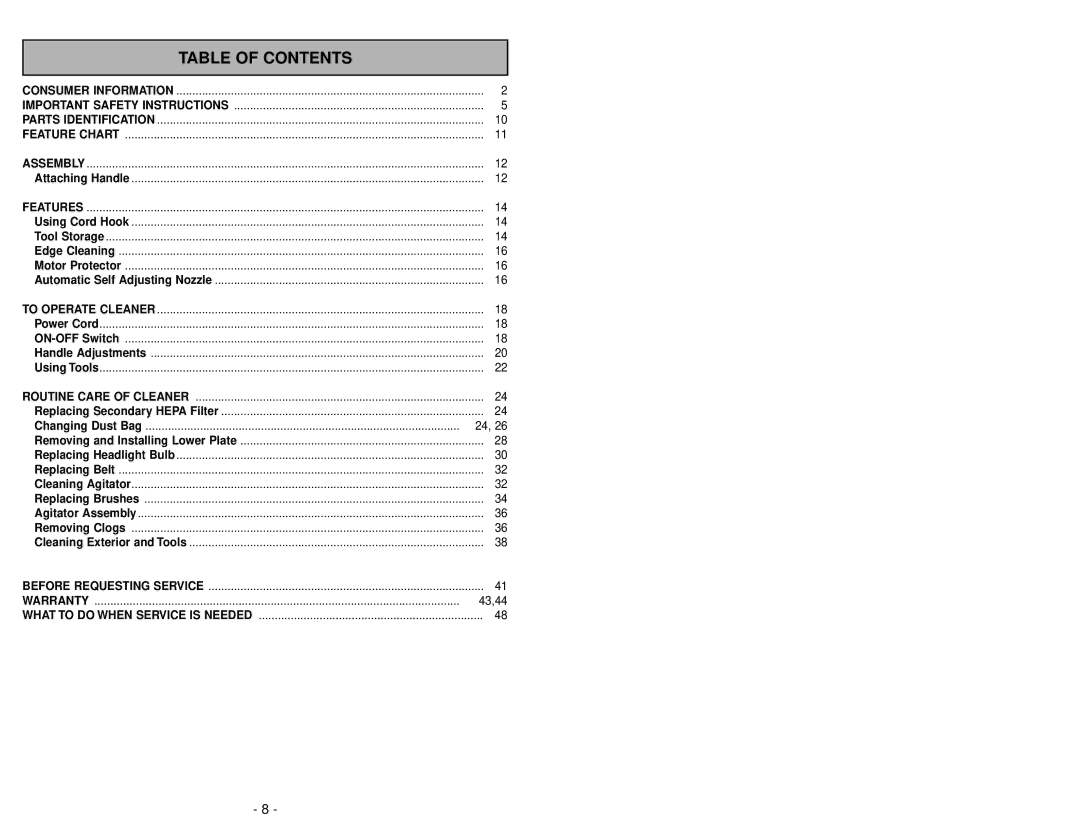 Panasonic MC-V5209 manuel dutilisation Table of Contents 