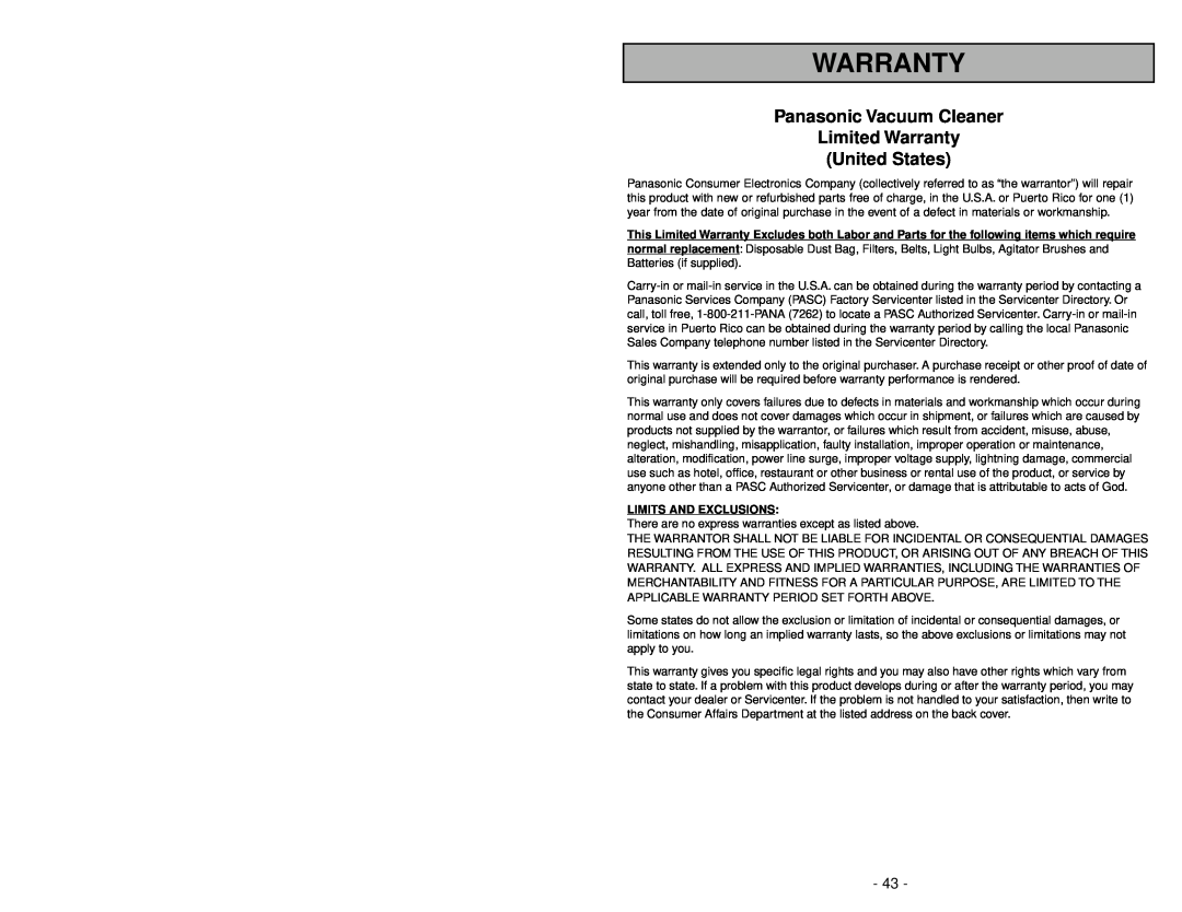 Panasonic MC-V5209 manuel dutilisation Panasonic Vacuum Cleaner Limited Warranty United States, Limits And Exclusions 