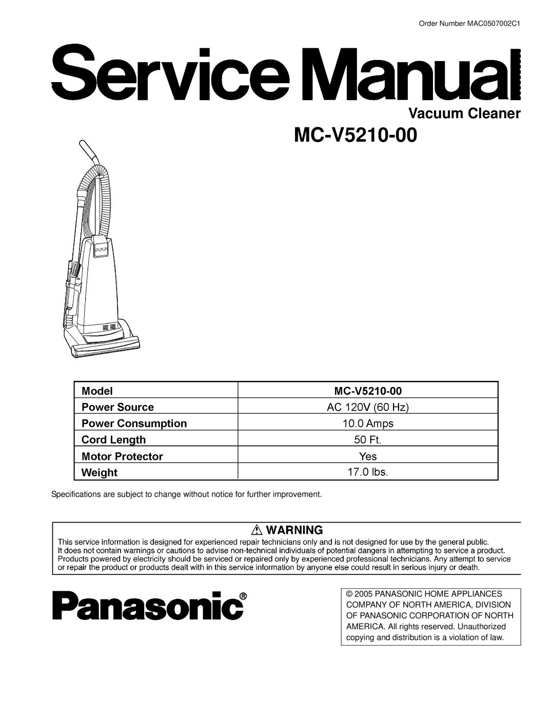 Panasonic MC-V5210-00 specifications 