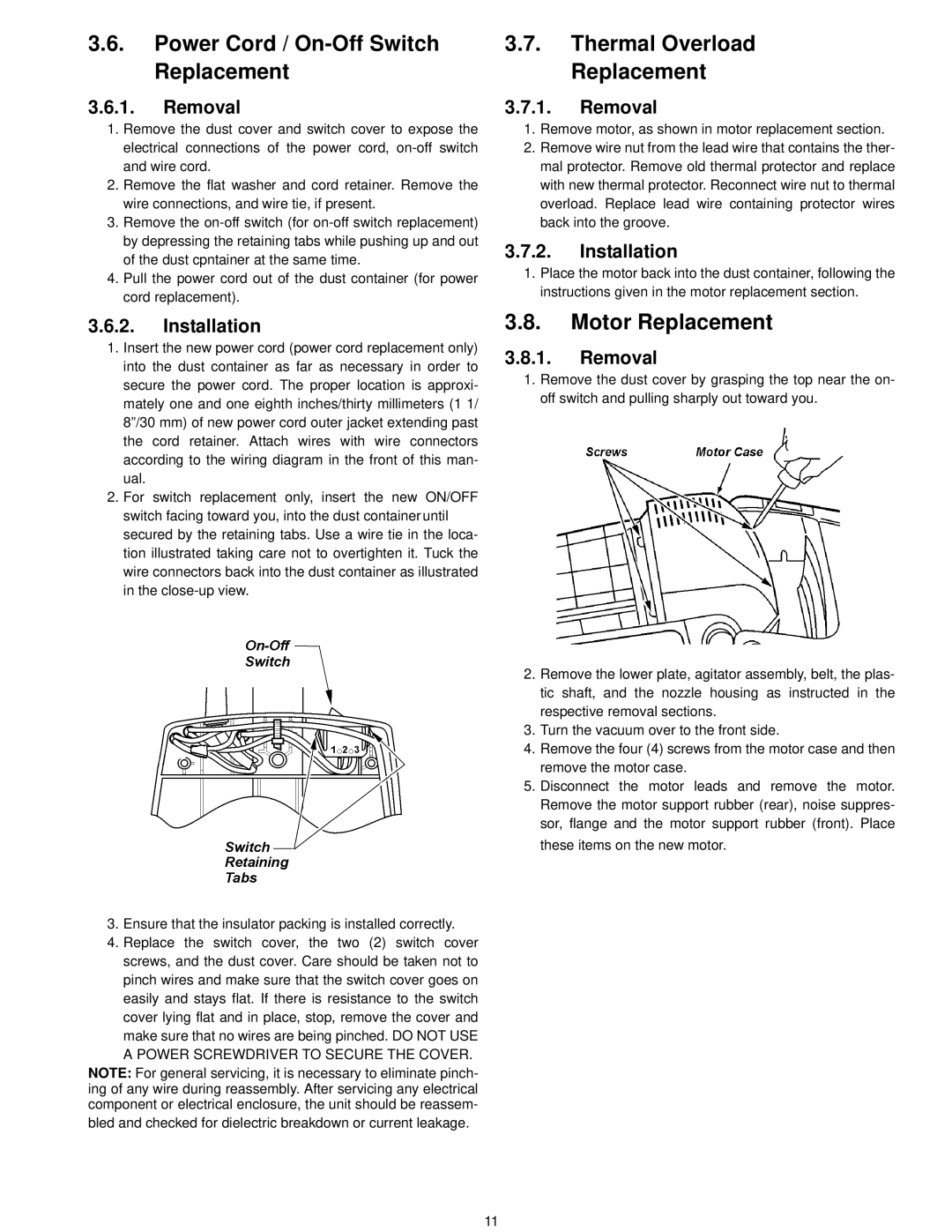 Panasonic MC-V5210-00 specifications Power Cord / On-Off Switch Replacement, Motor Replacement 