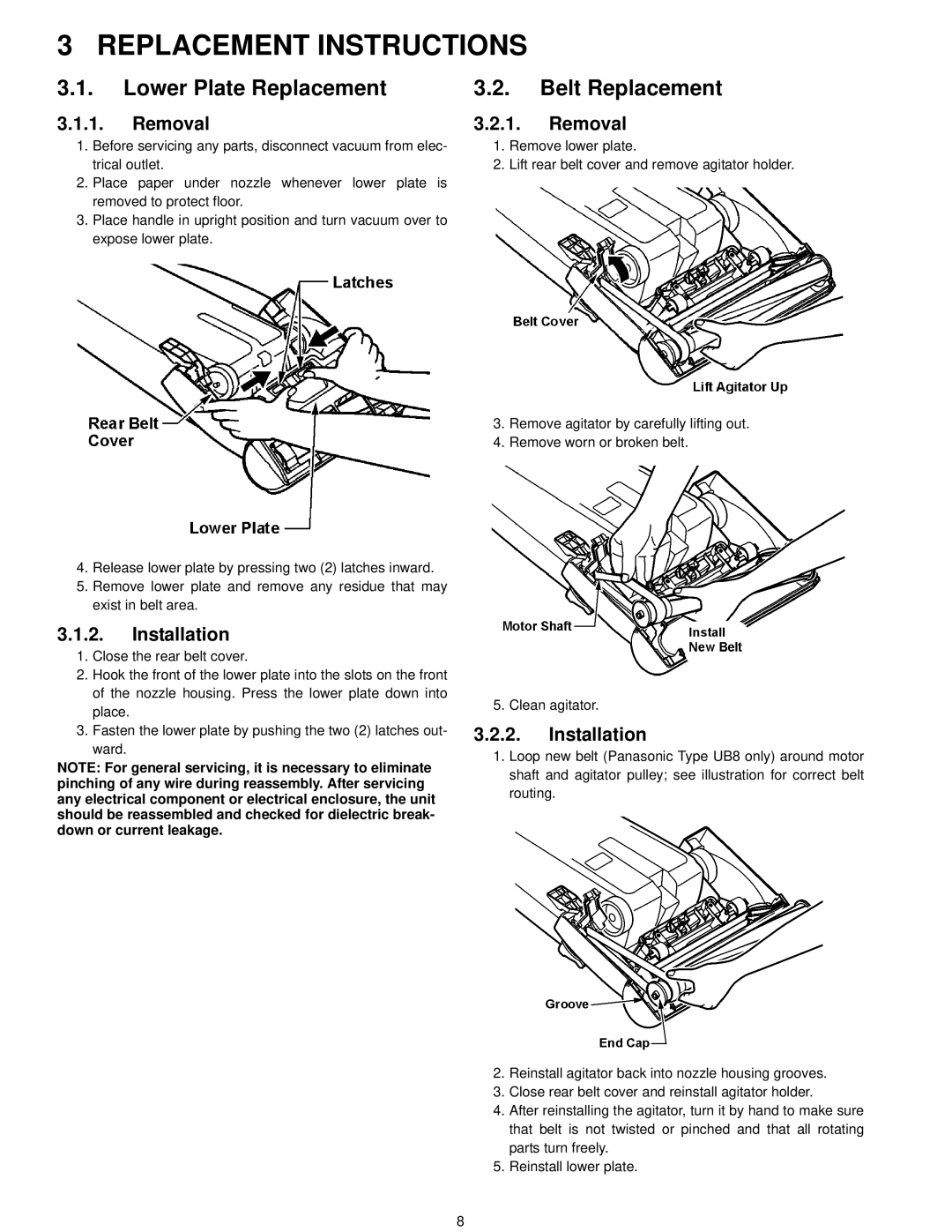 Panasonic MC-V5210-00 Replacement Instructions, Lower Plate Replacement, Belt Replacement, Removal, Installation 