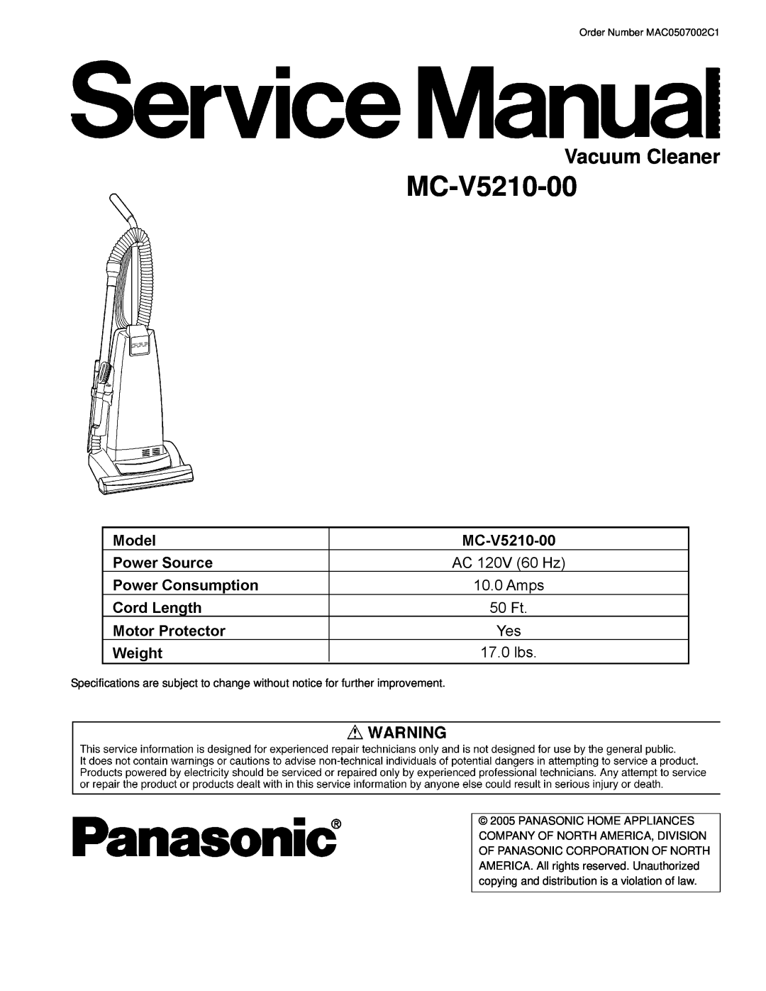Panasonic MC-V5210-00 specifications Vacuum Cleaner 
