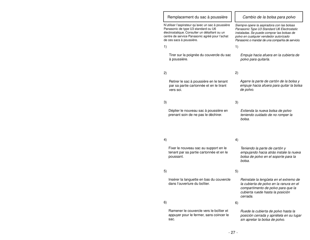 Panasonic MC-V5210 manuel dutilisation Remplacement du sac à poussière, Cambio de la bolsa para polvo 