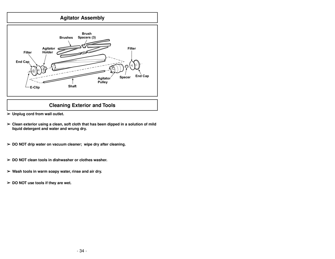 Panasonic MC-V5210 manuel dutilisation Agitator Assembly, Cleaning Exterior and Tools 