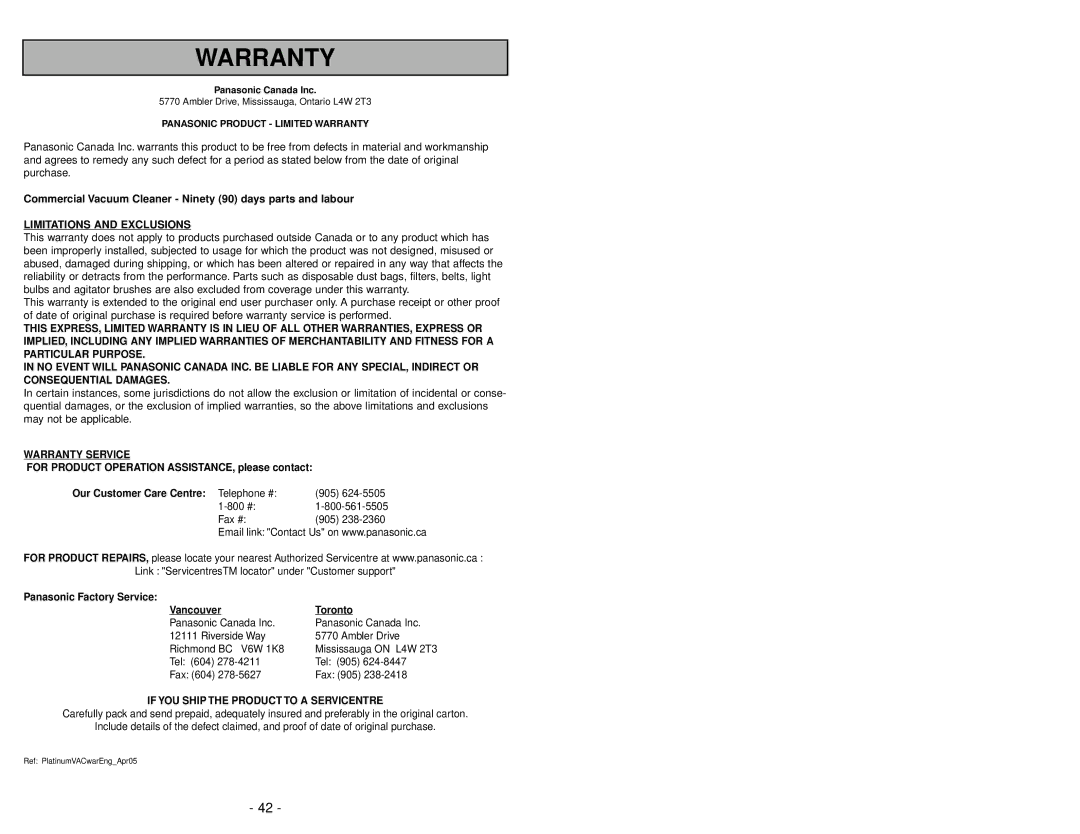 Panasonic MC-V5210 manuel dutilisation Limitations and Exclusions 