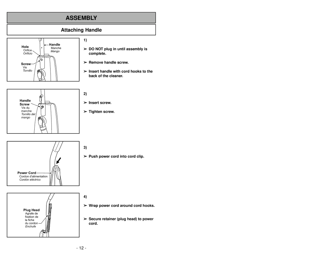 Panasonic MC-V5239 operating instructions Assembly, Attaching Handle 