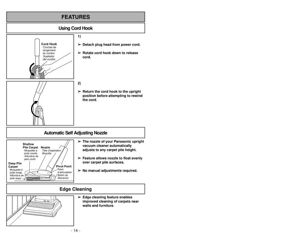 Panasonic MC-V5239 operating instructions Using Cord Hook, Automatic Self Adjusting Nozzle, Edge Cleaning 