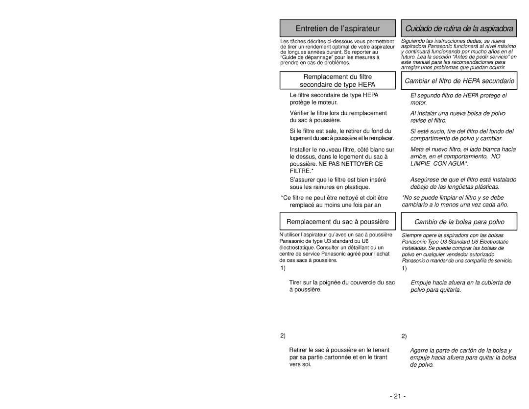 Panasonic MC-V5239 Remplacement du filtre secondaire de type Hepa, Cambiar el filtro de Hepa secundario 