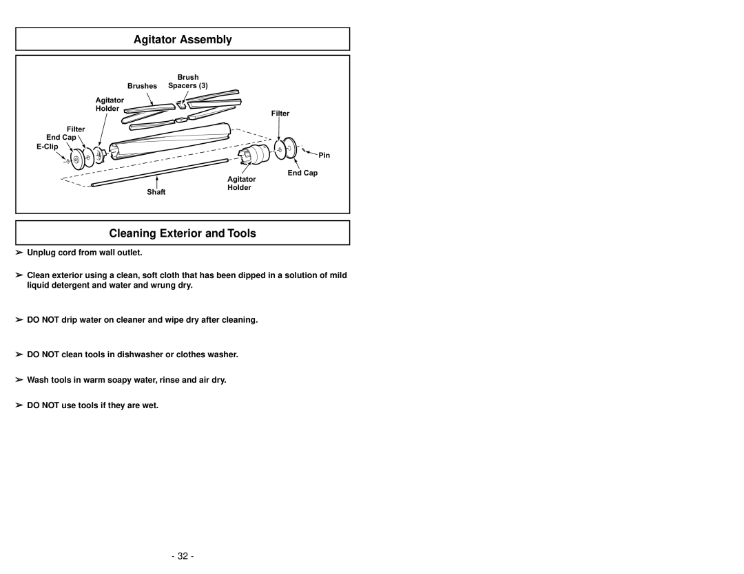 Panasonic MC-V5239 operating instructions Agitator Assembly, Cleaning Exterior and Tools 