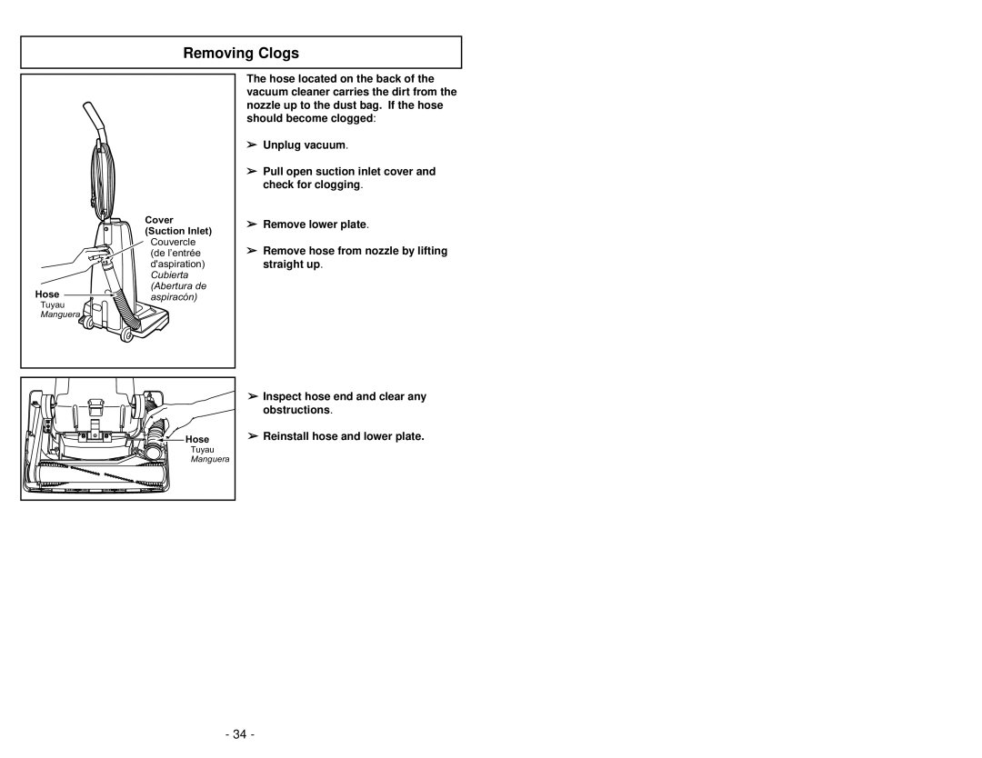 Panasonic MC-V5239 operating instructions Removing Clogs 