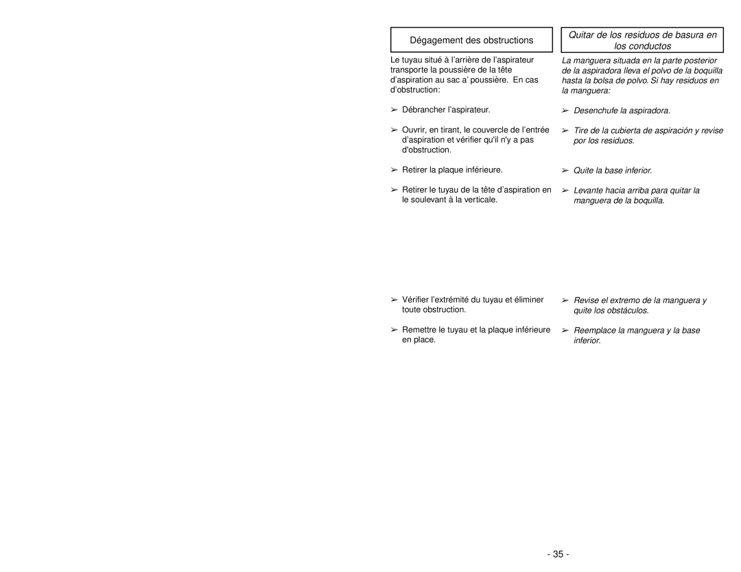 Panasonic MC-V5239 operating instructions Dégagement des obstructions, Quitar de los residuos de basura en Los conductos 