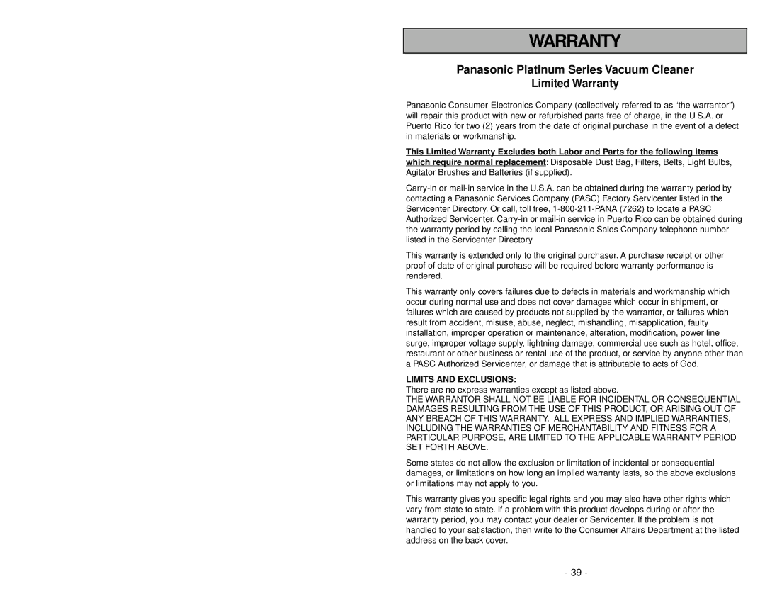 Panasonic MC-V5239 operating instructions Warranty, Panasonic Platinum Series Vacuum Cleaner 