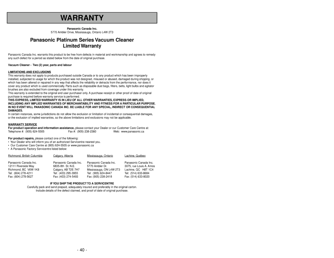 Panasonic MC-V5239 operating instructions Limitations and Exclusions 