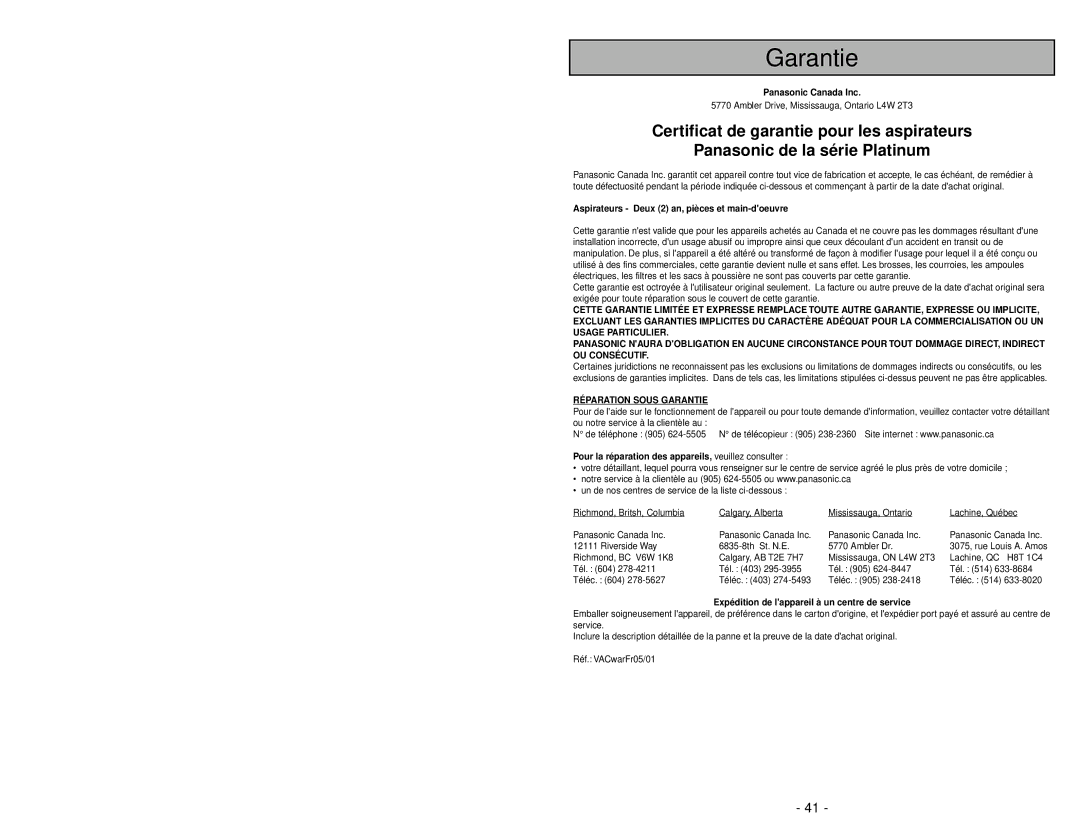 Panasonic MC-V5239 operating instructions Garantie 