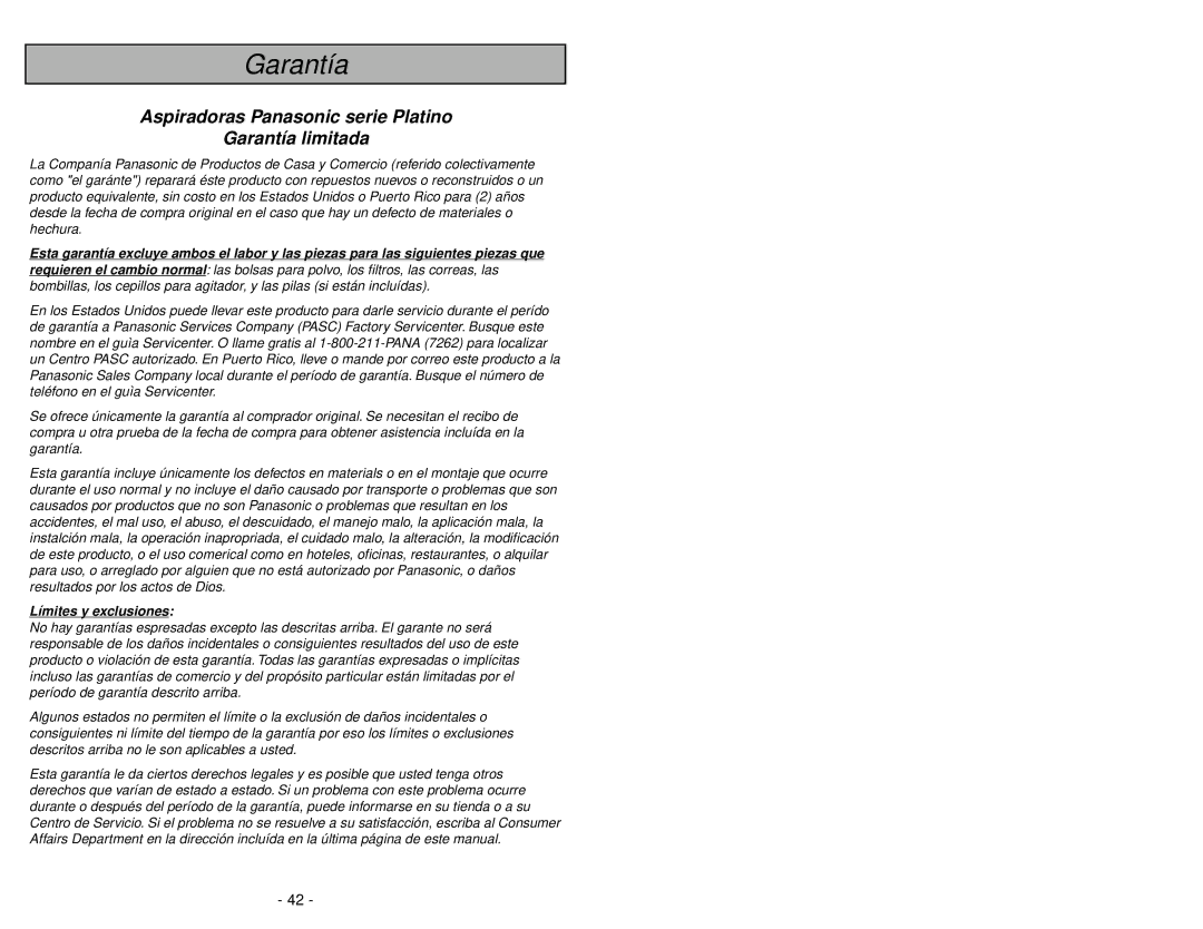 Panasonic MC-V5239 operating instructions Garantía 