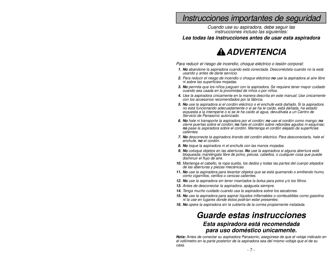 Panasonic MC-V5239 operating instructions Advertencia 