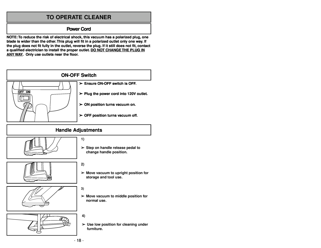 Panasonic MC-V5239 operating instructions To Operate Cleaner, Power Cord, ON-OFFSwitch, Handle Adjustments 
