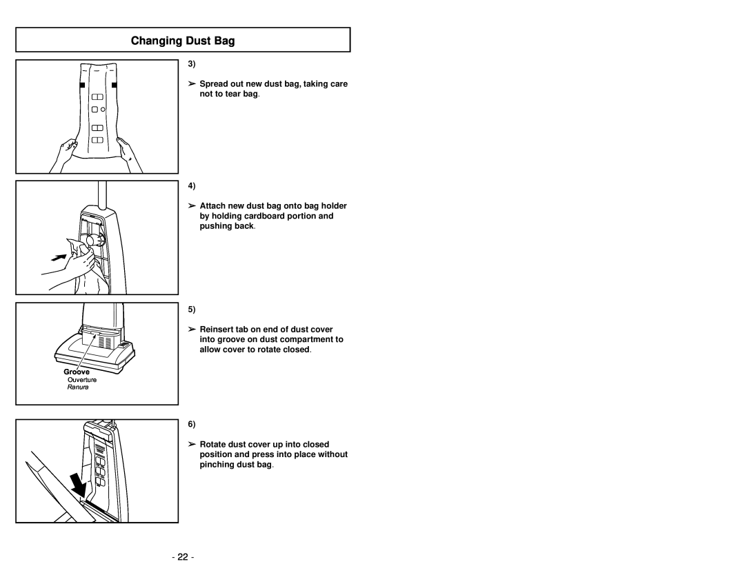 Panasonic MC-V5239 operating instructions Changing Dust Bag, Spread out new dust bag, taking care not to tear bag 