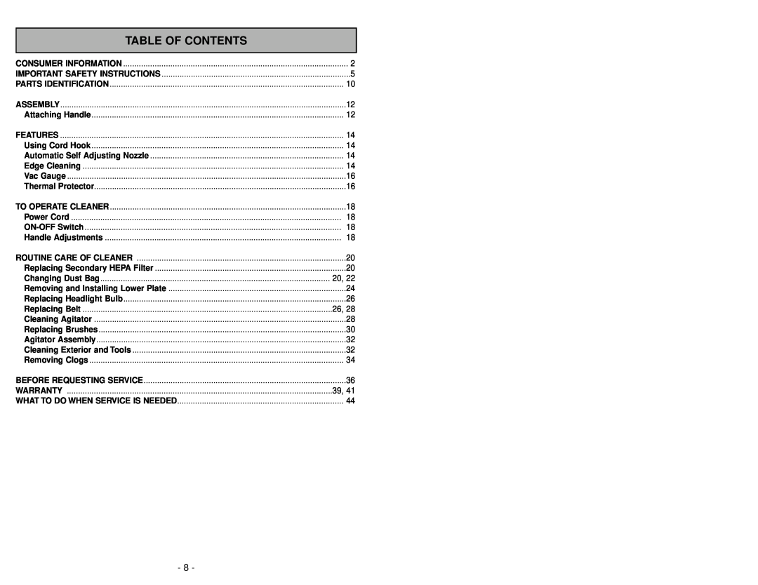 Panasonic MC-V5239 operating instructions Table Of Contents 