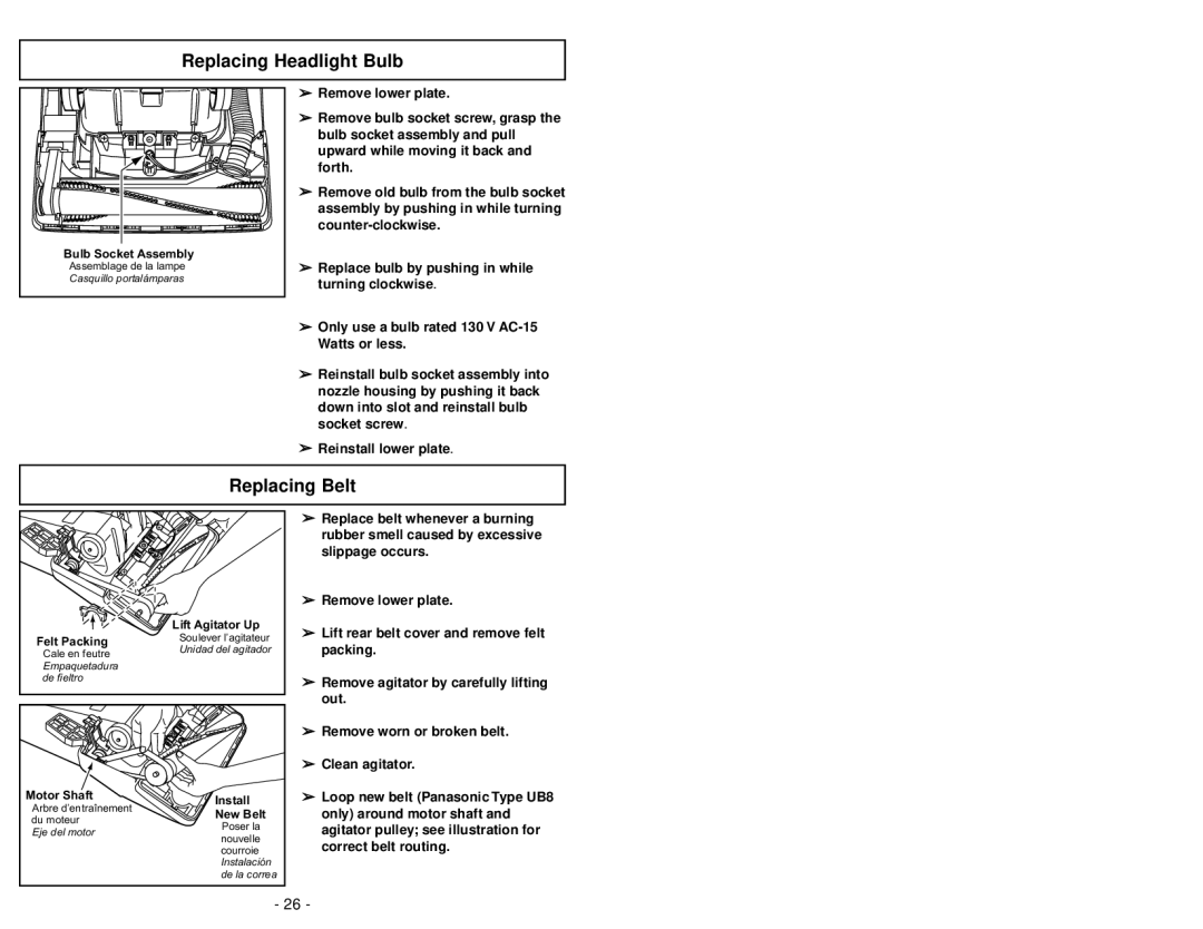 Panasonic MC-V5241 manuel dutilisation Replacing Headlight Bulb, Replacing Belt 