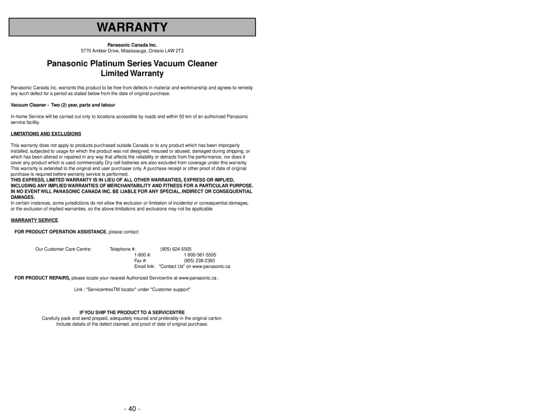 Panasonic MC-V5241 manuel dutilisation Limitations and Exclusions 