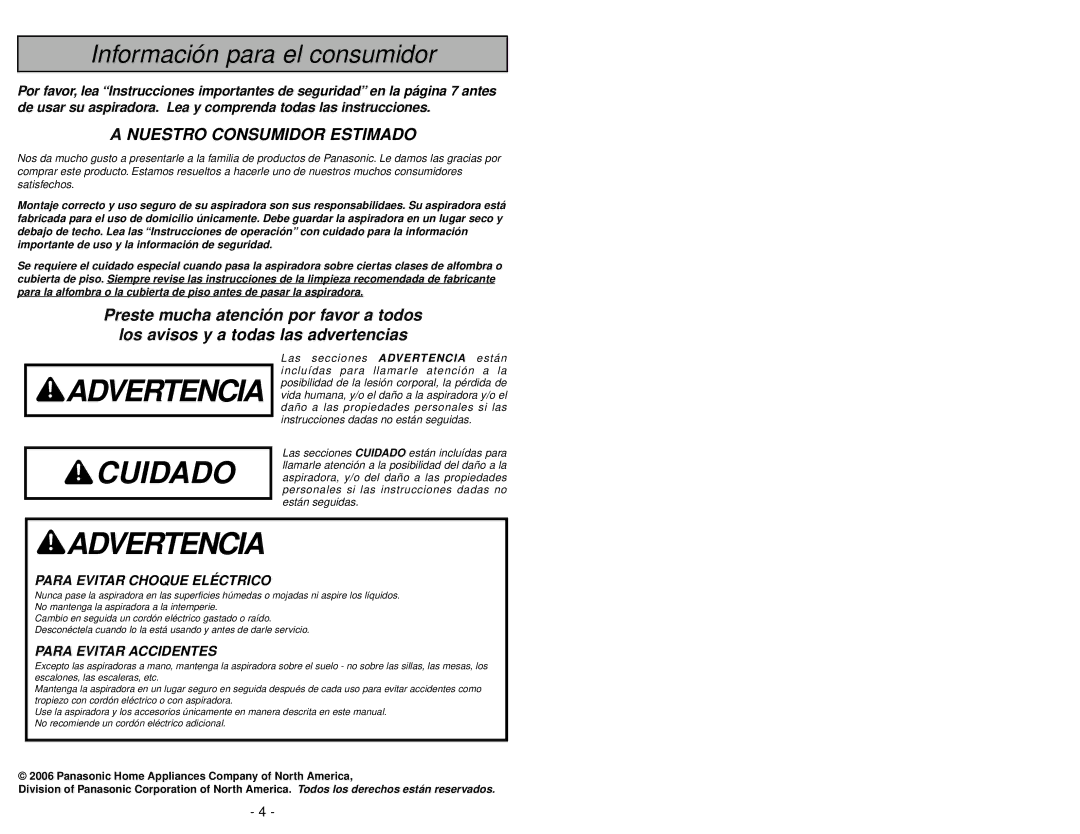 Panasonic MC-V5241 manuel dutilisation Garantie, Panasonic de la série Platinum 