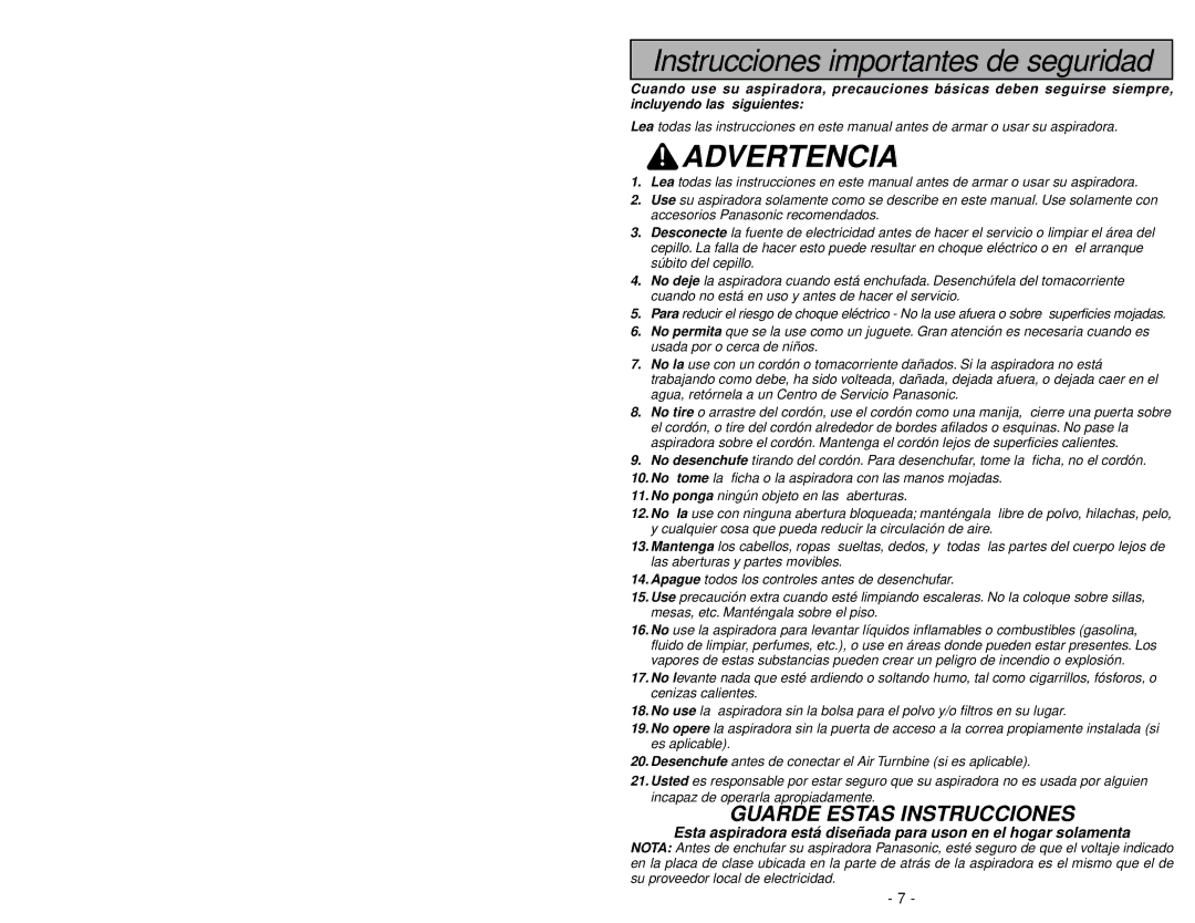 Panasonic MC-V5241 manuel dutilisation Advertencia 