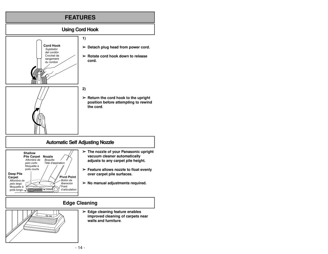 Panasonic MC-V5258 manuel dutilisation Using Cord Hook, Automatic Self Adjusting Nozzle, Edge Cleaning 