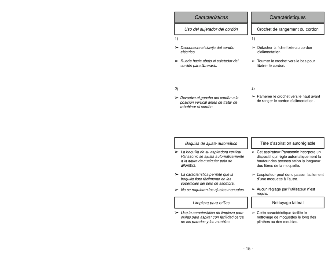 Panasonic MC-V5258 manuel dutilisation Uso del sujetador del cordón, Boquilla de ajuste automático, Limpieza para orillas 