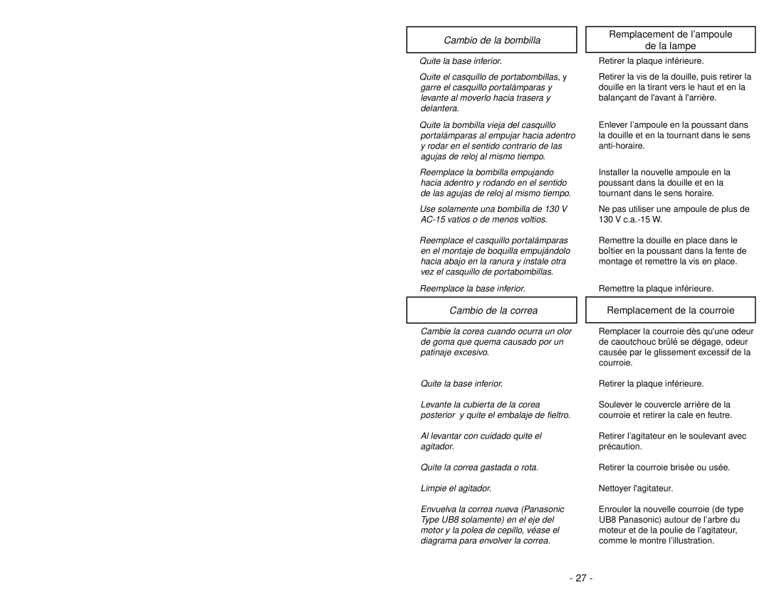 Panasonic MC-V5258 manuel dutilisation Cambio de la bombilla, Remplacement de l’ampoule De la lampe, Cambio de la correa 