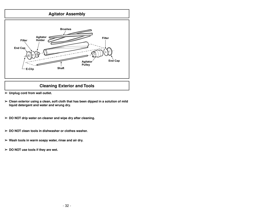 Panasonic MC-V5258 manuel dutilisation Agitator Assembly, Cleaning Exterior and Tools 